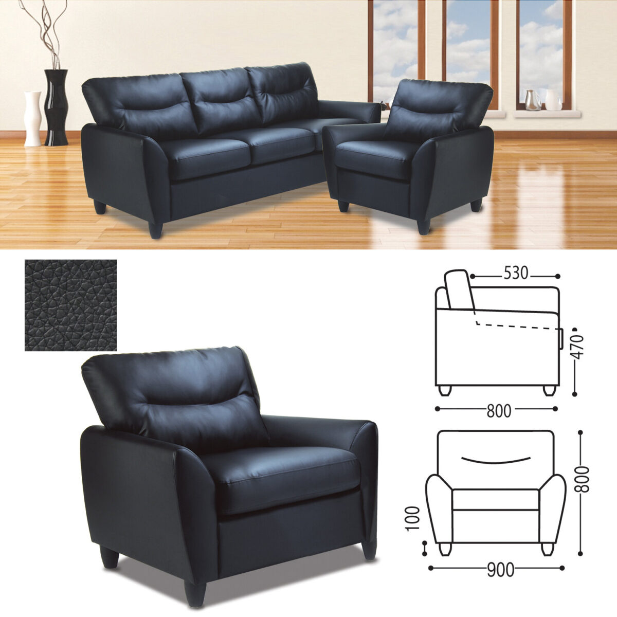 Кресло мягкое "Наполи", 800х900х800 мм, c подлокотниками, экокожа, черное — изображение 1