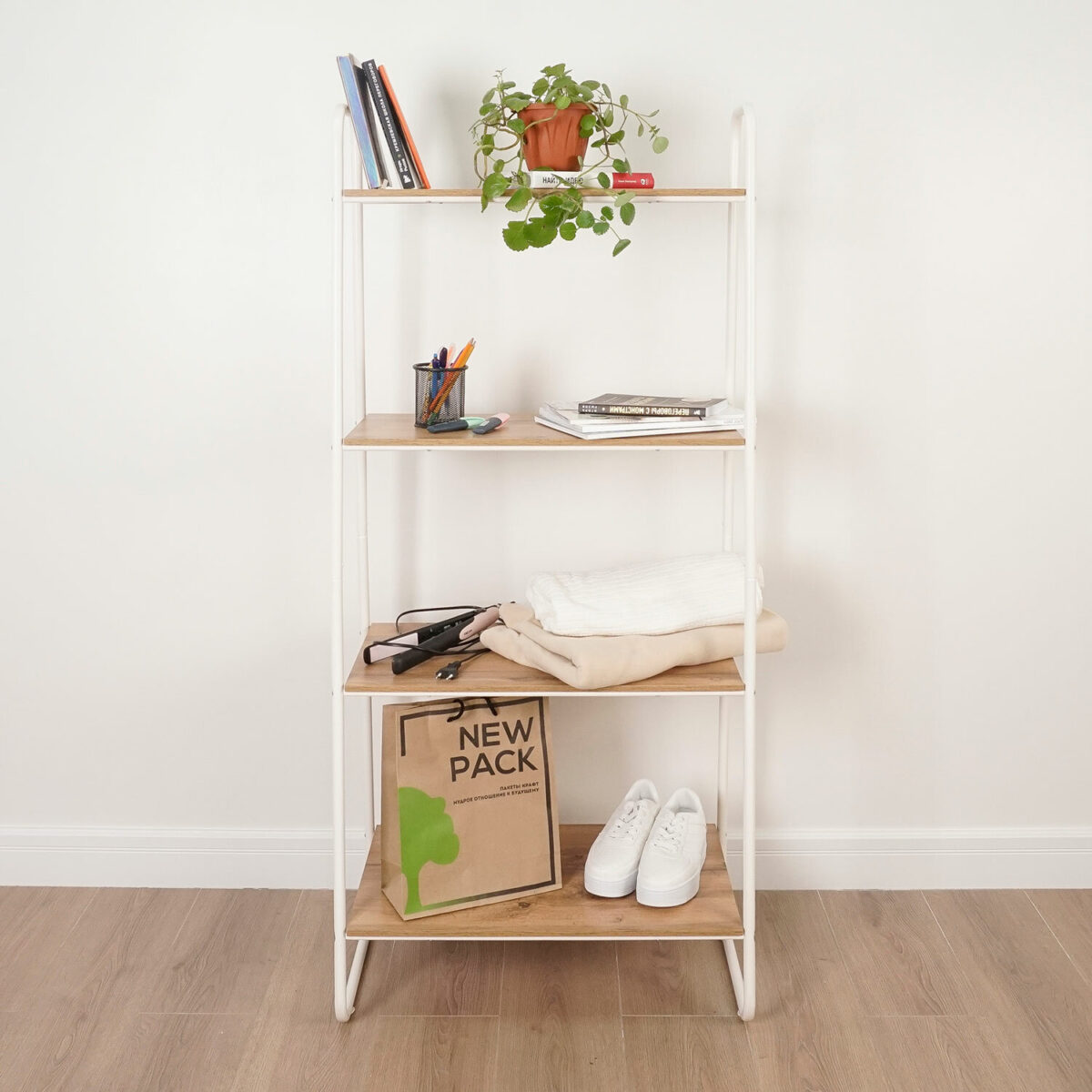 Стеллаж на металлокаркасе "Скандинавия-24", 650х385х1470 мм, 4 полки ЛДСП, белый/дуб, CТCП24 Б — изображение 4