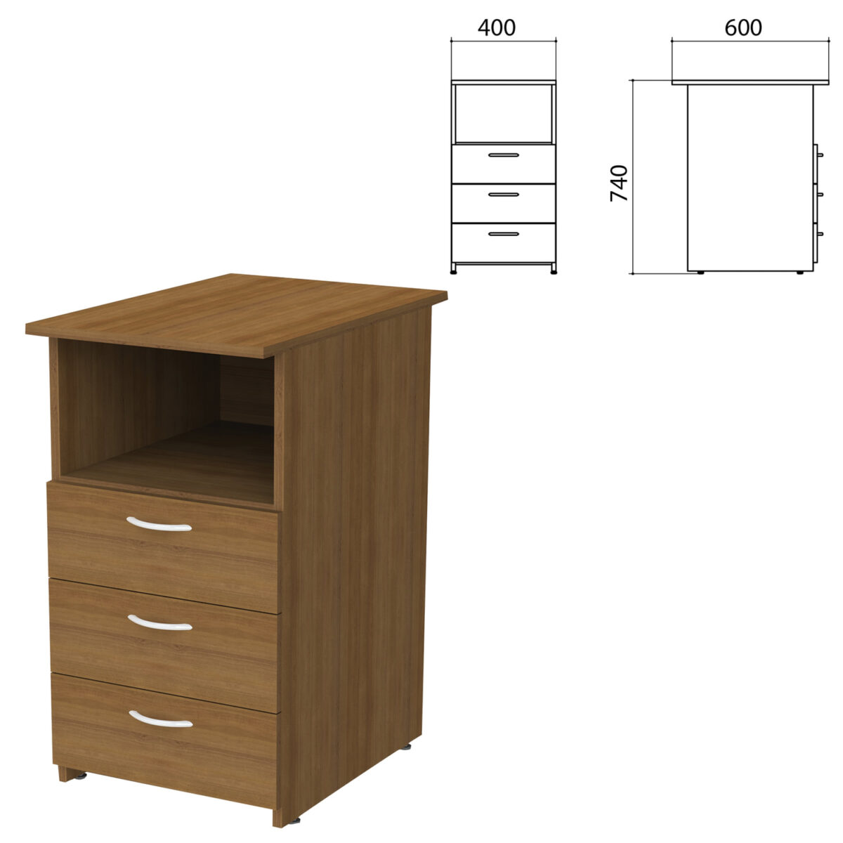 92a8a55d15364e78a9e798eb7aadbdf1_xl Тумба приставная "Бюджет", 400х600х740 мм, 3 ящика, полка, орех французский, 402657-190 — изображение 1