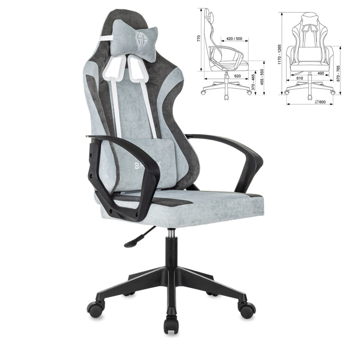 Кресло компьютерное BRABIX "Forcer GM-127", 2 подушки, ткань, серое/светло-голубое, 533214 — изображение 2