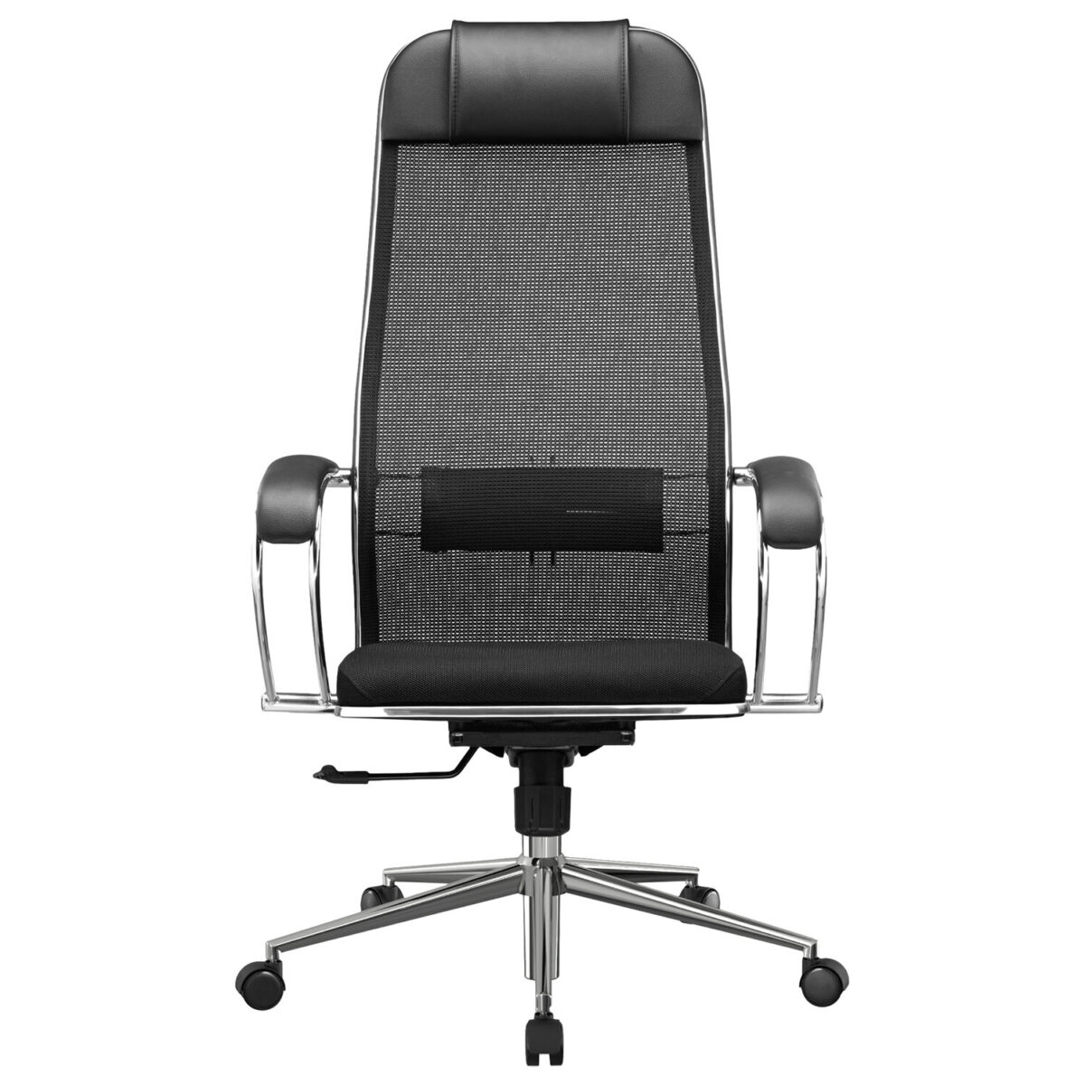 Кресло офисное МЕТТА "К-16" хром, ткань-сетка/экокожа, сиденье мягкое, черное — изображение 8