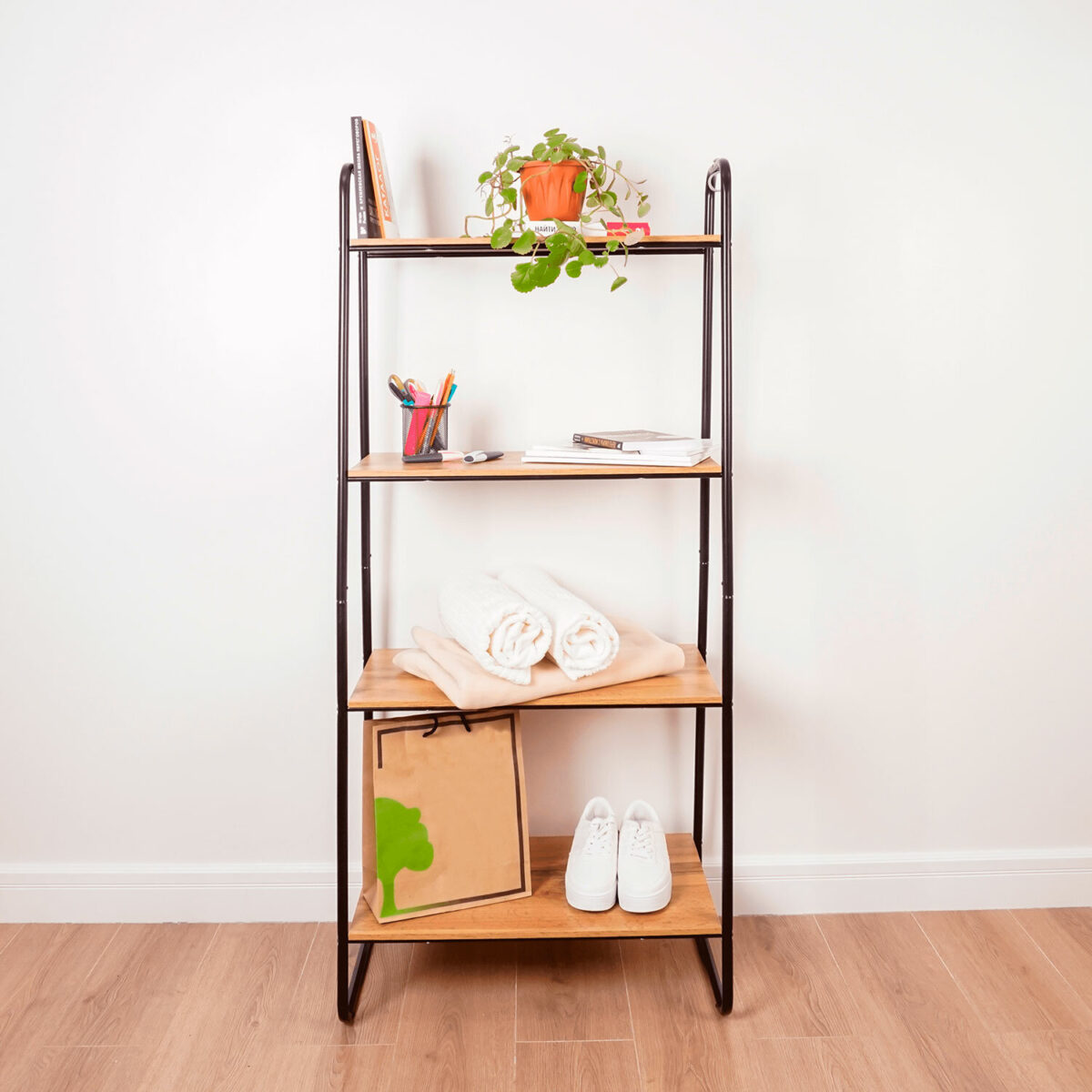 Стеллаж на металлокаркасе "Скандинавия-24", 650х385х1470 мм, 4 полки ЛДСП, черный/дуб, CТCП24 Ч — изображение 3