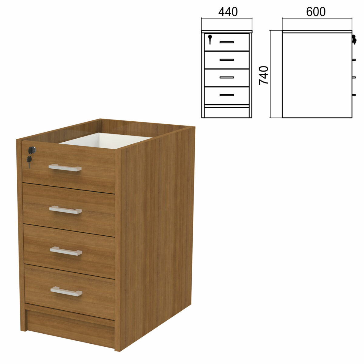 Тумба (каркас БЕЗ КРЫШКИ) приставная "Арго", 440х600х740 мм, 4 ящика, замок, орех — изображение 1