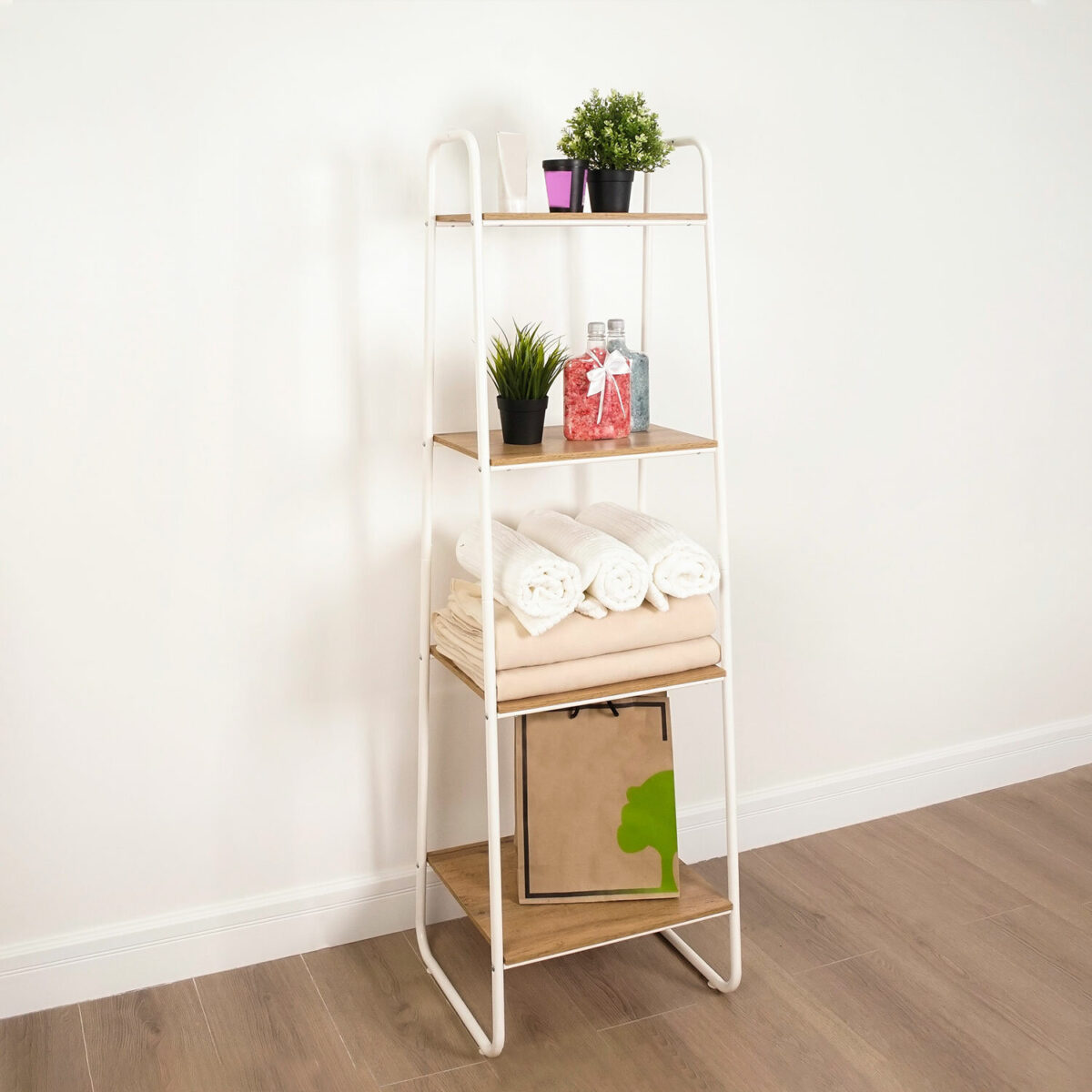 Стеллаж на металлокаркасе "Скандинавия-14", 450х385х1470 мм, 4 полки ЛДСП, белый/дуб, CТCП14 Б — изображение 3