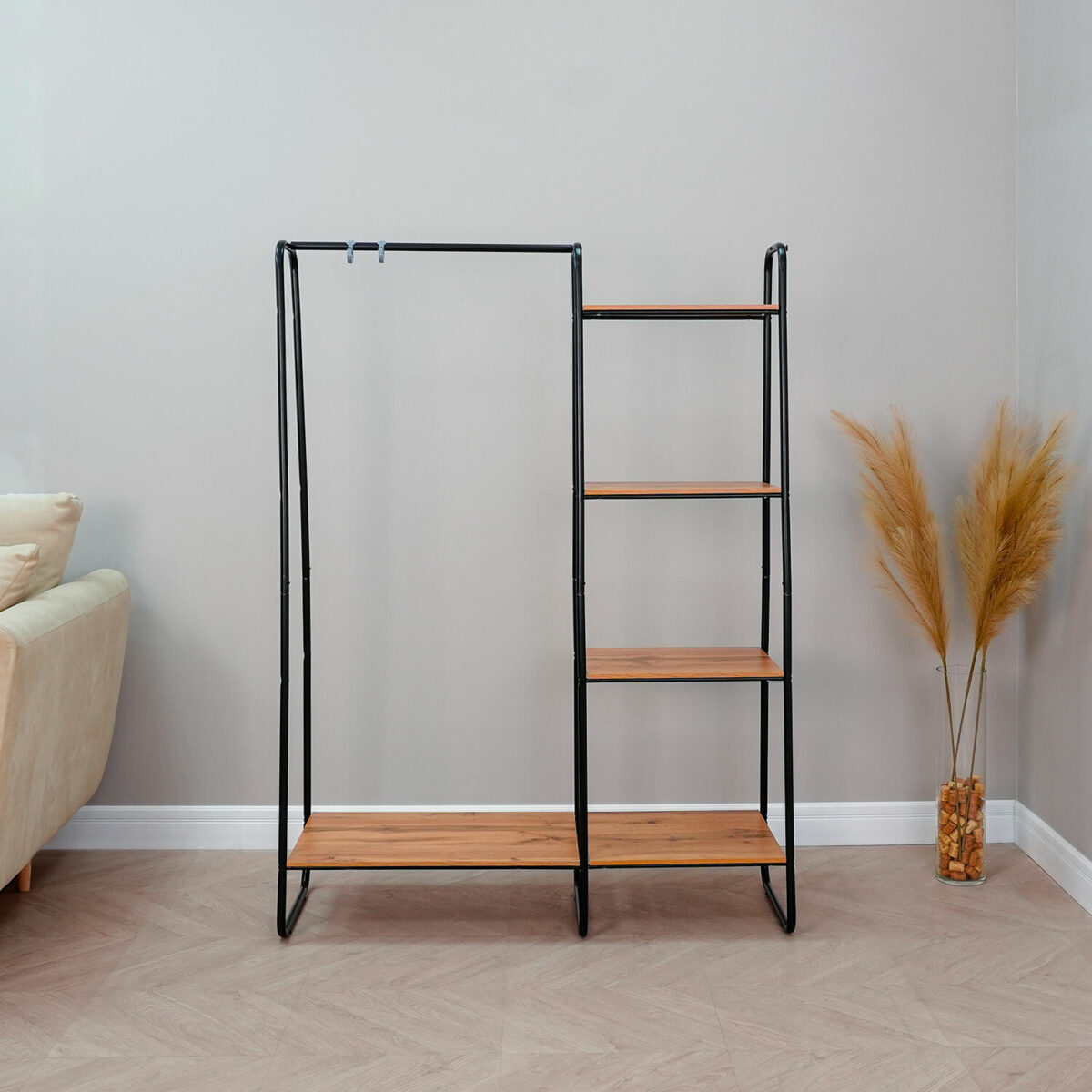 Вешалка-стеллаж "Скандинавия-1", 1470х1100х385 мм, 5 полок, металл/ЛДСП, черная/дуб, ГСС1 Ч — изображение 4