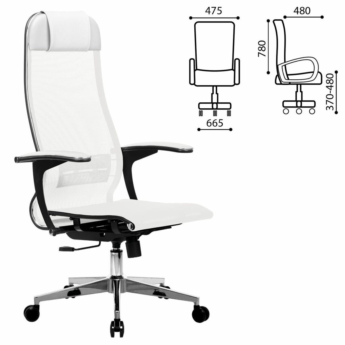 Кресло офисное МЕТТА "К-4-Т" хром, прочная сетка, сиденье и спинка регулируемые, белое — изображение 2