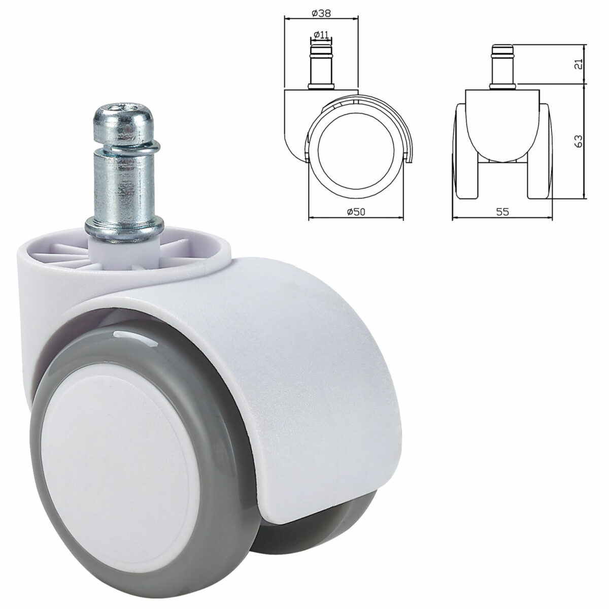 Колеса (ролики) BRABIX для кресла, прорезиненные, КОМПЛЕКТ 5 шт., шток d 11 мм, белые, в коробе, 533085 — изображение 2