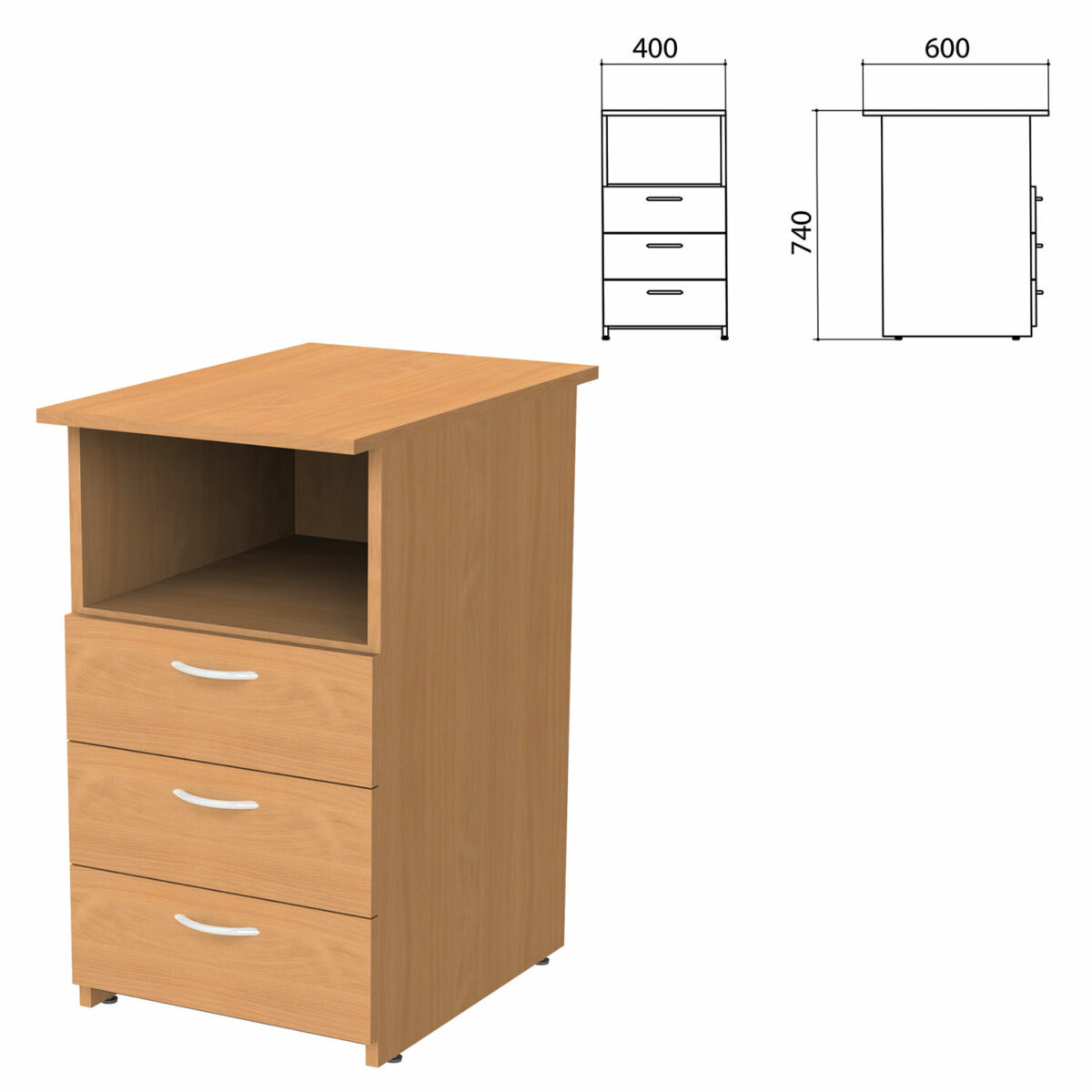 Тумба приставная "Бюджет", 400х600х740 мм, 3 ящика, полка, груша ароза, 402657-336 — изображение 1