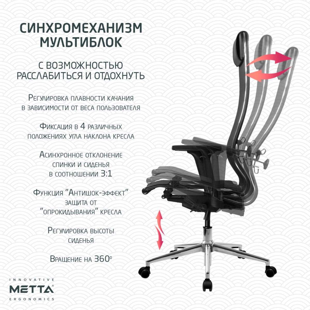Кресло МЕТТА "ErgoLife" 10 B1-104D, хром, синхромеханизм, 2D-подлокотники, прочная сетка, черное — изображение 12