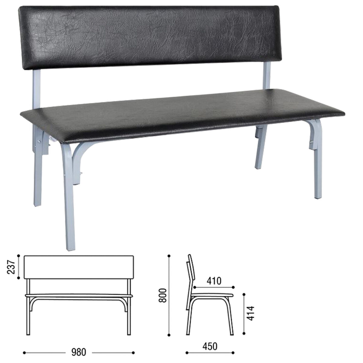 Банкетка со спинкой "Астрид", 1200х450х800 мм, серый каркас, кожзам черный — изображение 1