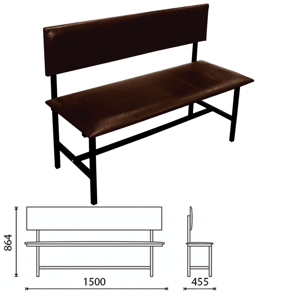 Банкетка со спинкой "Берта" 1500х455х864 мм, усиленная, черный каркас, кожзам коричневый — изображение 1