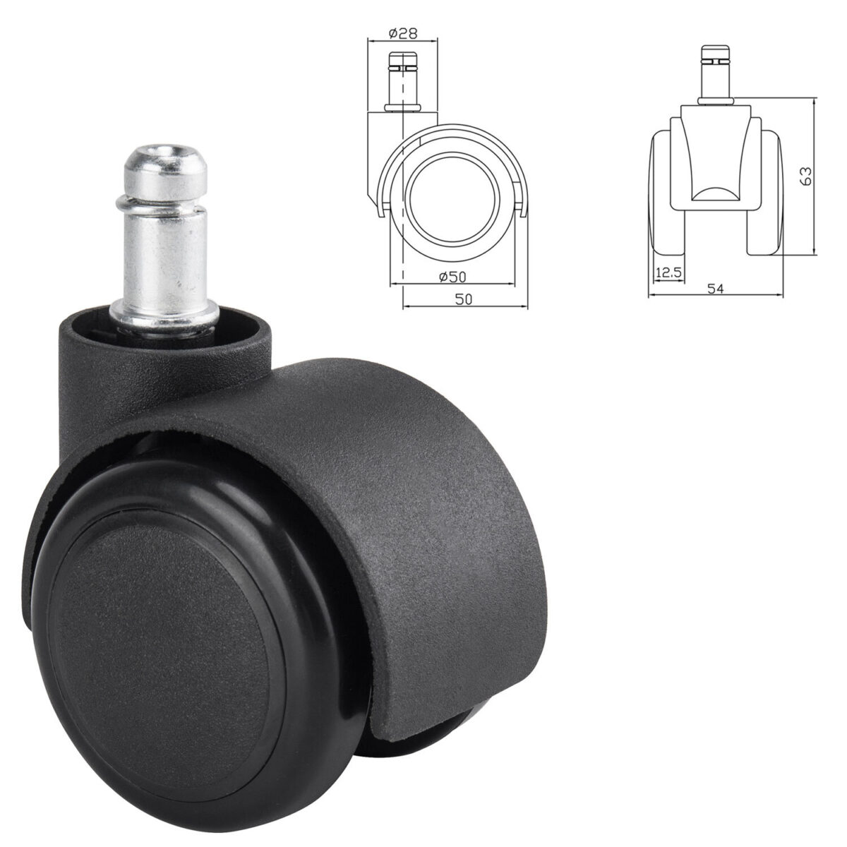 Колеса (ролики) BRABIX для кресла, прорезиненные, SLIM, КОМПЛЕКТ 5 шт., шток d 11 мм, черные, 533084 — изображение 2