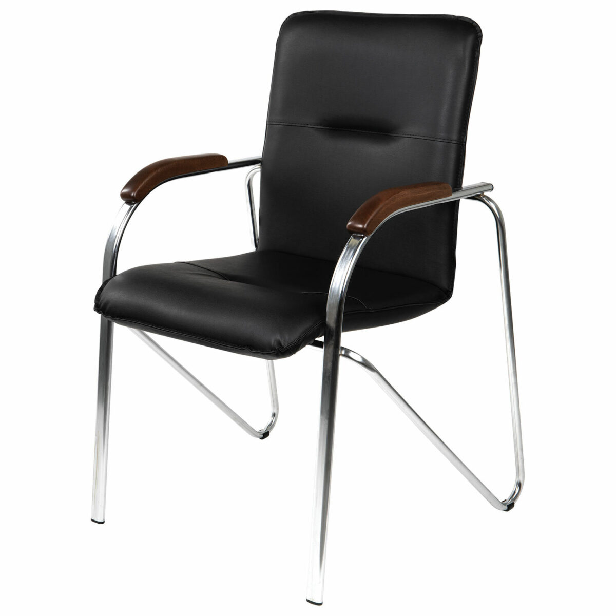 Кресло для приемных и переговорных "Samba", деревянные накладки, хромированный каркас, кожзам черный — изображение 3
