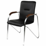 Кресло для приемных и переговорных "Samba", деревянные накладки, хромированный каркас, кожзам черный — изображение 3