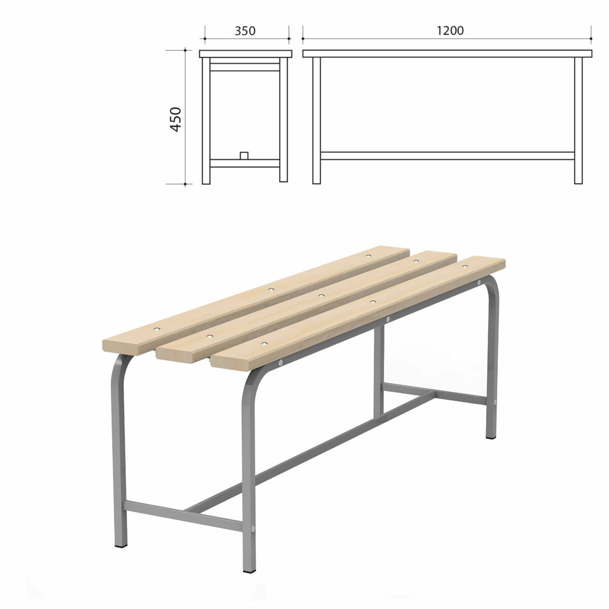 Скамья деревянная на металлокаркасе "СТ 1200", 1200х350х450 мм, каркас металлический серый, сиденье дерево — изображение 2