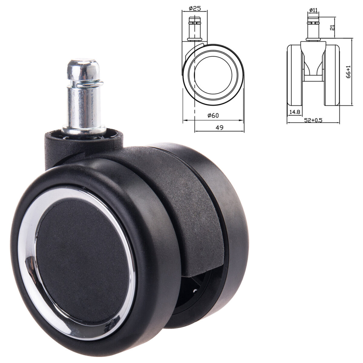 Колеса (ролики) BRABIX для кресла, прорезиненные, ХРОМ, d 60 мм, КОМПЛЕКТ 5 шт., шток d 11 мм, черные, короб, 533089 — изображение 2