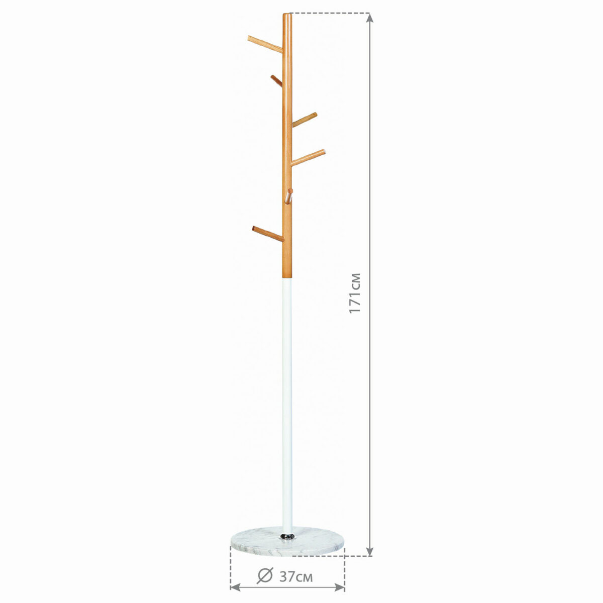 Вешалка-стойка BRABIX "CR-1906" на мраморном диске, металл белый/дерево бук, 6 крючков, 606440 — изображение 6