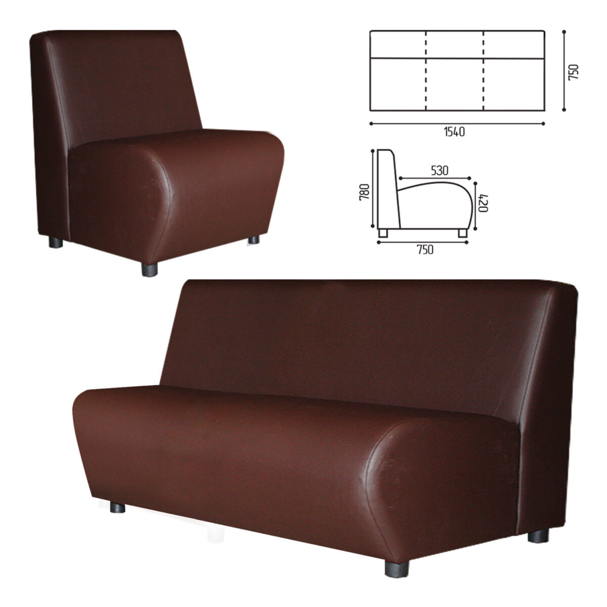 Диван мягкий трехместный "Клауд", "V-600", 1540х750х780 мм, без подлокотников, экокожа, коричневый — изображение 1