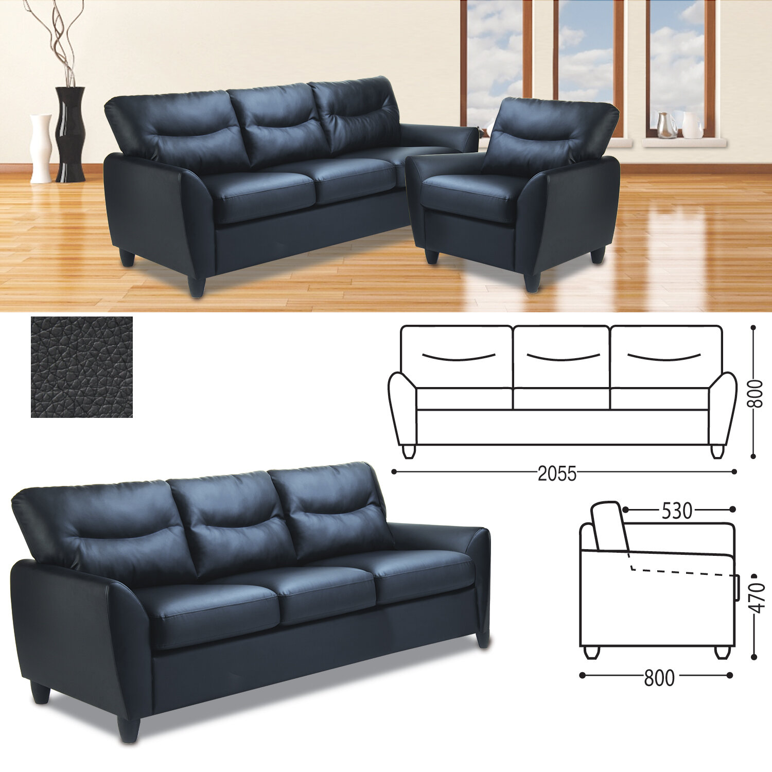 e55dfa9da8df1a856214be3598f75a1b_xl Диван мягкий трехместный "Наполи", 800х2055х800 мм, c подлокотниками, экокожа, черный — изображение 1