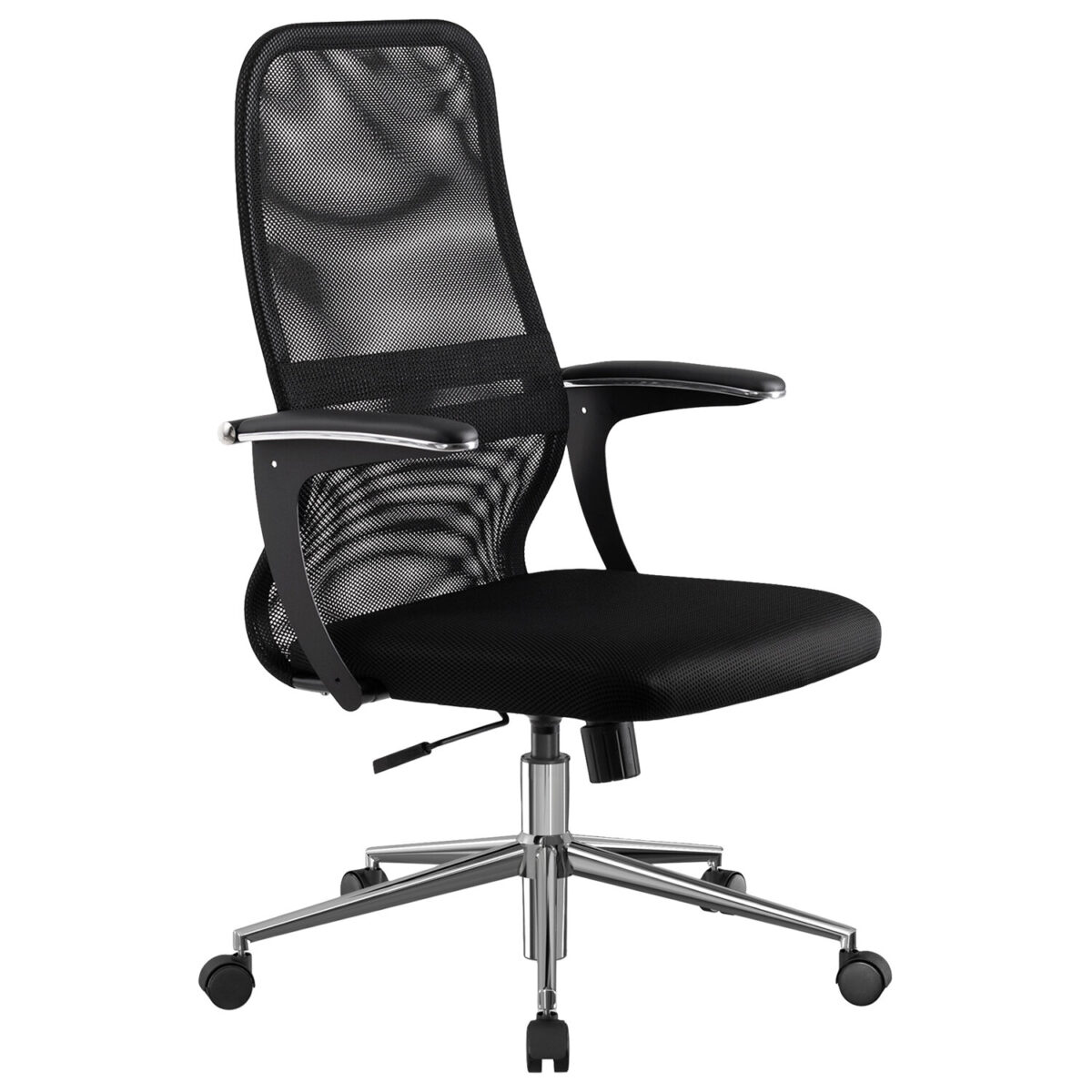 Кресло МЕТТА "SU-C-8-Т" хром, с подлокотниками, ткань-сетка, сиденье мягкое, черное — изображение 6