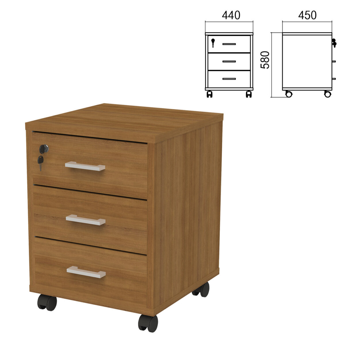 Тумба подкатная "Арго", 440х450х580 мм, 3 ящика, замок, орех — изображение 1