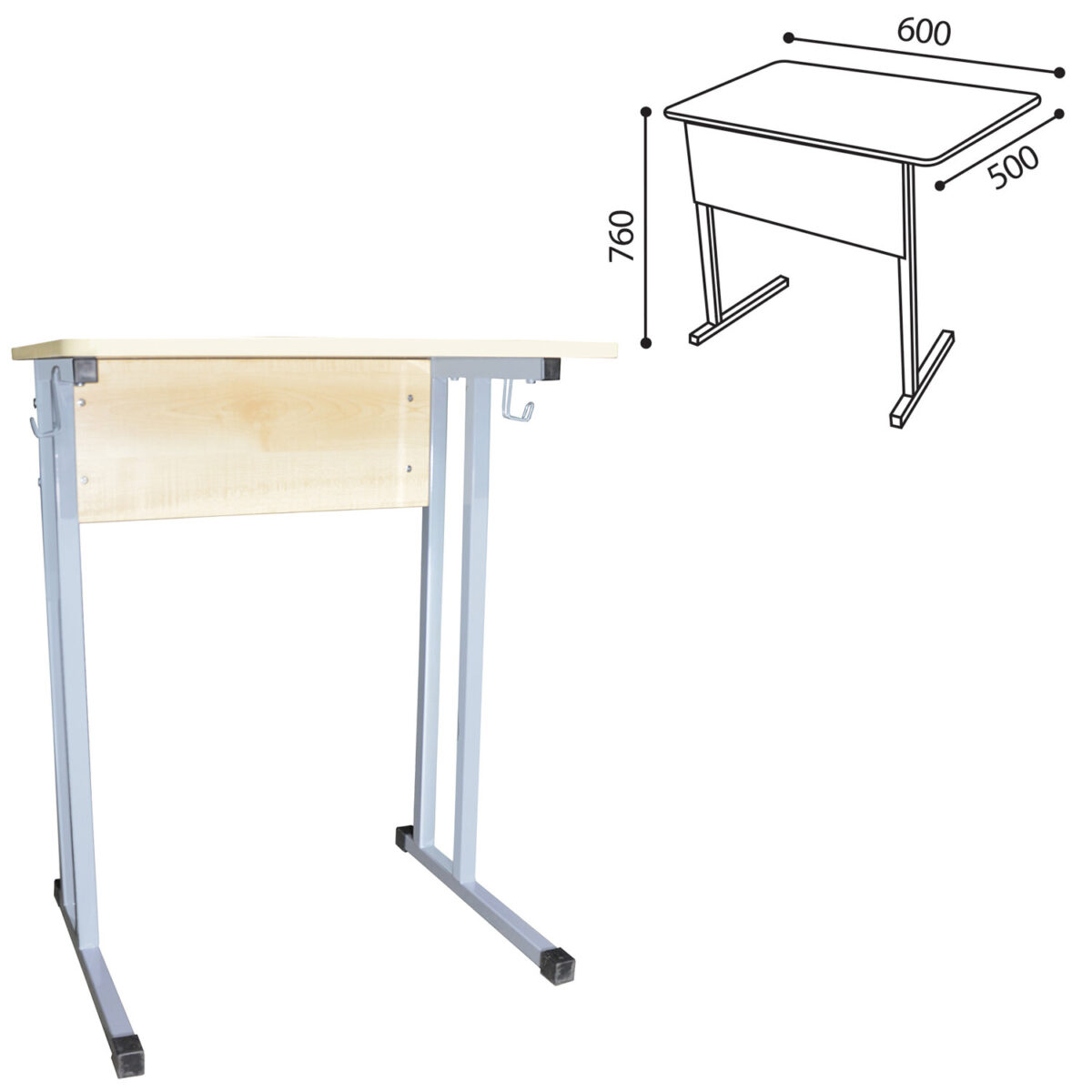 Стол-парта 1-местный нерегулируемый "Умник", 600х500х760 мм, рост 6, серый каркас, ЛДСП клён — изображение 2