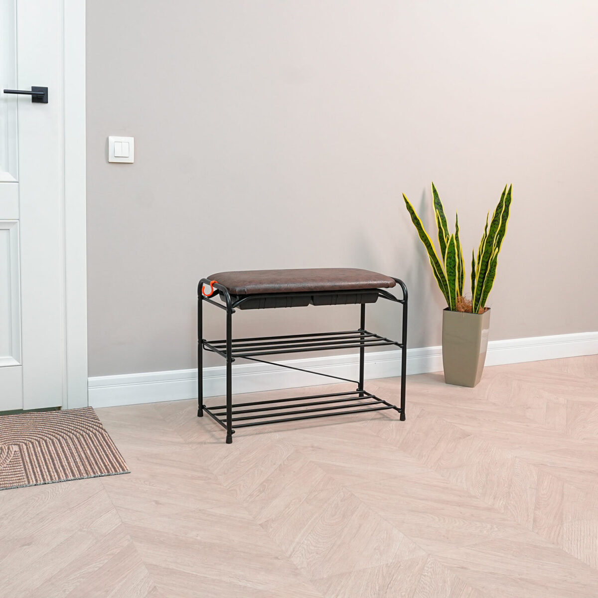 Банкетка для обуви "Альфа-23СЯ", 650х300х480 мм, 2 полки, ящик, металл/кожзам, черный/коричневый, ПДОА23СЯ Ч — изображение 3