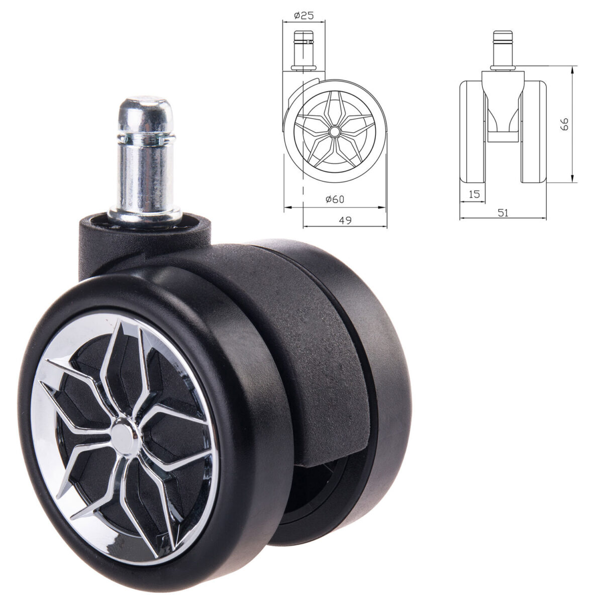 Колеса (ролики) BRABIX для кресла, прорезиненные, ХРОМ, d 60 мм, КОМПЛЕКТ 5 шт., шток d 11 мм, черные, короб, 533088 — изображение 2